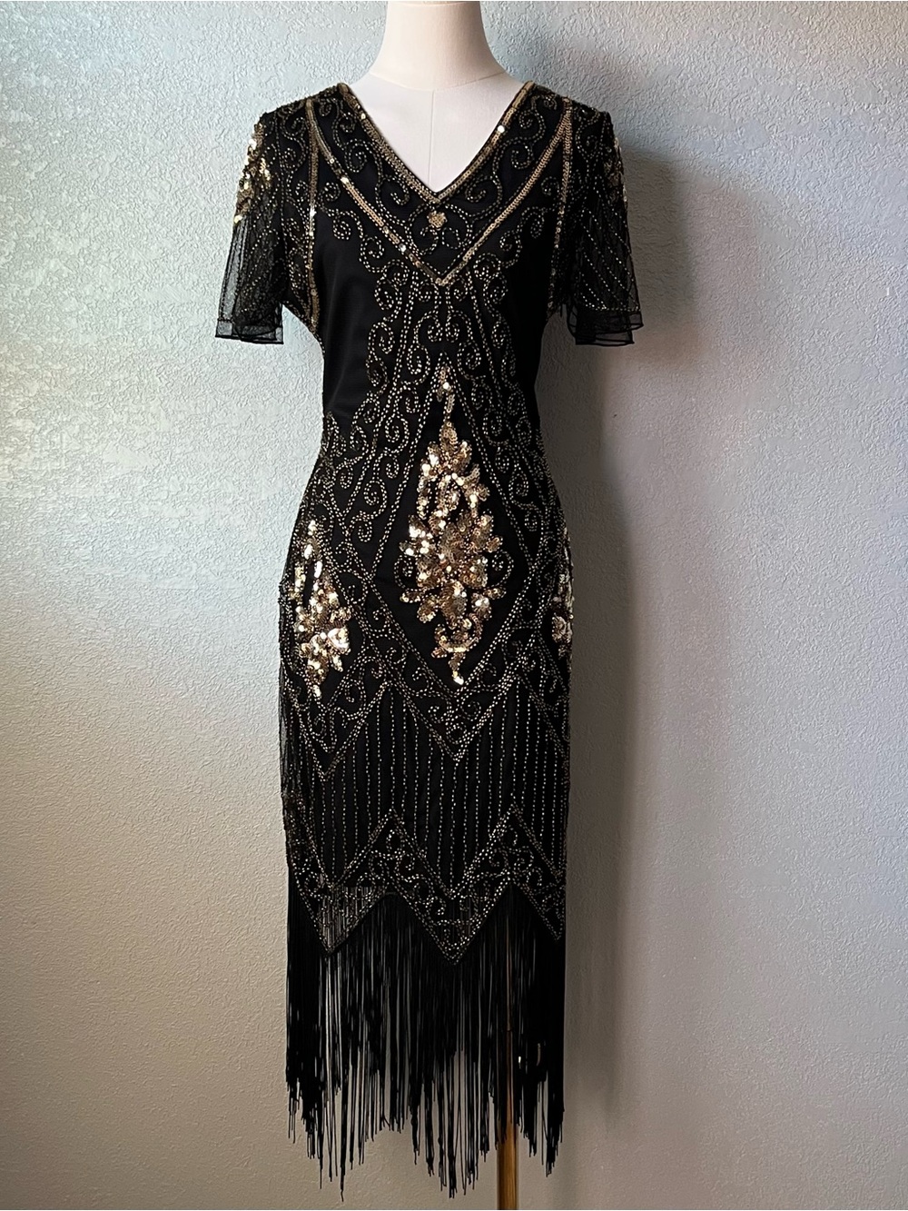 Vintage Black Gold Beaded Sequin Fringe Flapper Gatsby Cocktail Dress M